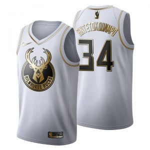 Maillot Basket Milwaukee Bucks 34 Giannis Antetokounmpo Golden Edition Blanc Fashion - Homme
